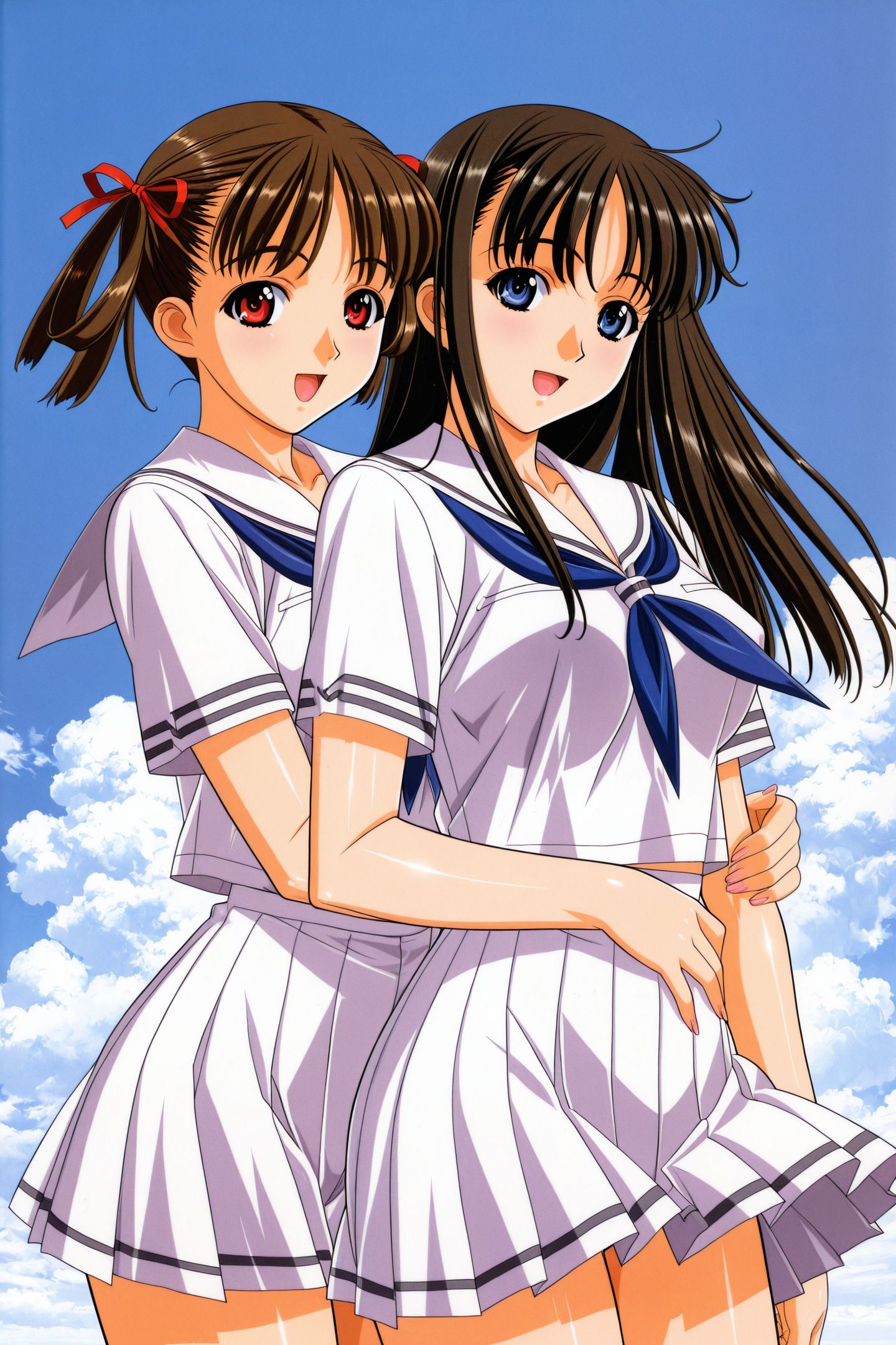 Kuroda Kazuya Style,Natsume Sorayama,Asa Mizushima,2girls,school uniform,long hair,blue eyes,brown hair,black hair,sky,cloud,red eyes,day,serafuku,twintails,looking at viewer,hair ribbon,smile,short sleeves,wind,skirt,short hair,hair ornament,pleated skirt,outdoors,white skirt,school uniform,blue neckerchief,medium breasts,hug,open mouth,looking at viewer,
<lora:Kuroda Kazuya_illustriousXL:0.8>,