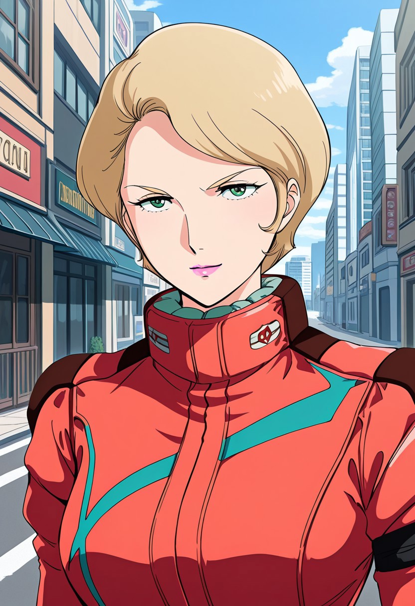 CG quality, masterpiece, best quality,amazing quality,city ,street,Rira,green eyes,pink lips, 1 mature female, short hair, blonde hair, pink lips, pilotsuit,upper body