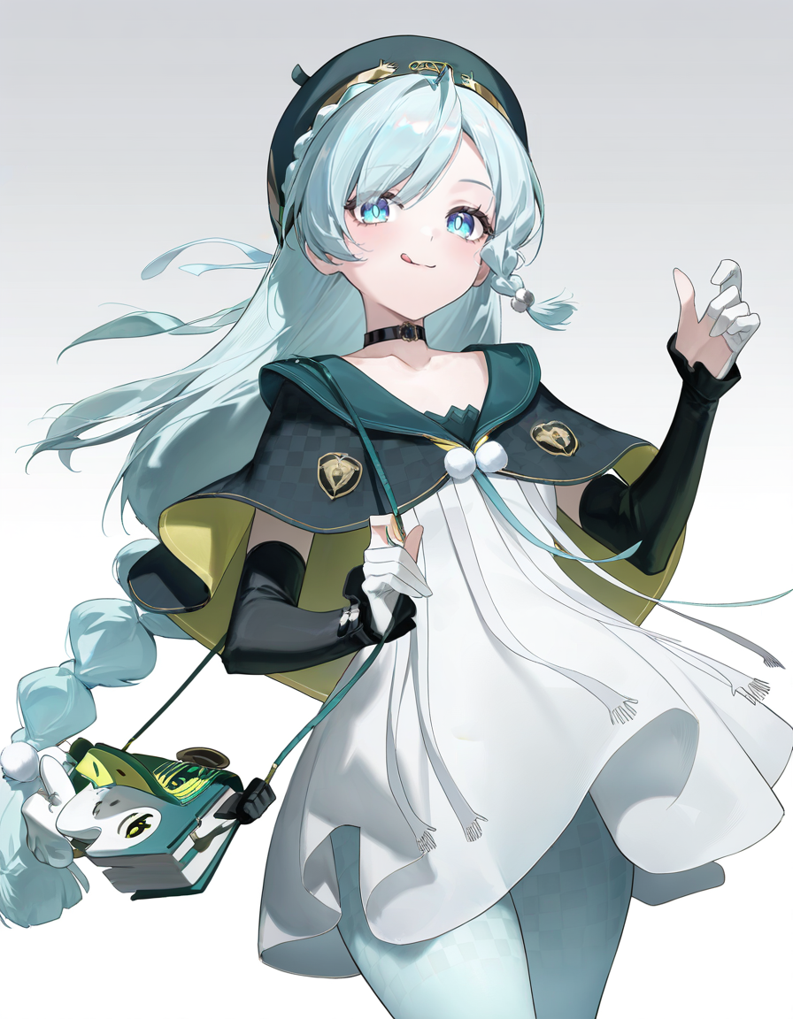 white background,simple background,tongue,tongue out,:q,
yuebai01,1girl,solo,long hair,braid,blue eyes,blue hair,gloves,white gloves,hat,choker,black choker,dress,white dress,bag,beret,capelet,elbow gloves,pantyhose,
<lora:yuebai_noob:1>,masterpiece,best quality,very aesthetic,absurdres,