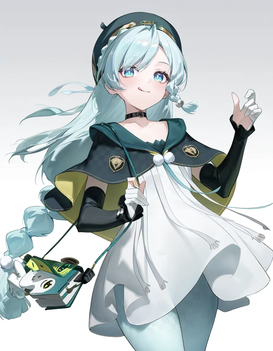 white background,simple background,tongue,tongue out,:q,
yuebai01,1girl,solo,long hair,braid,blue eyes,blue hair,gloves,white gloves,hat,choker,black choker,dress,white dress,bag,beret,capelet,elbow gloves,pantyhose,
<lora:yuebai_noob:1>,masterpiece,best quality,very aesthetic,absurdres,