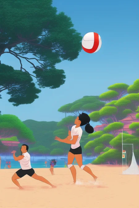 best quality, neon-pastel, people playing volleyball at the beach, ocean in the background