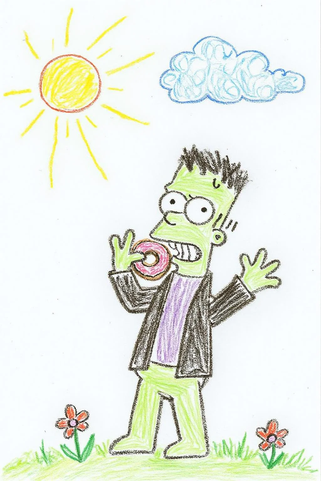 This is a colorful, whimsical drawing, depicting a simple, childlike illustration of Homer Simpson dressed as Frankenstein, eating a doughnut during a thunderstorm <lora:5yocrayon1_cap_d6a3e12:1.0><lora:822101137814691334:0>
