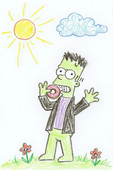 This is a colorful, whimsical drawing, depicting a simple, childlike illustration of Homer Simpson dressed as Frankenstein, eating a doughnut during a thunderstorm <lora:5yocrayon1_cap_d6a3e12:1.0><lora:822101137814691334:0>