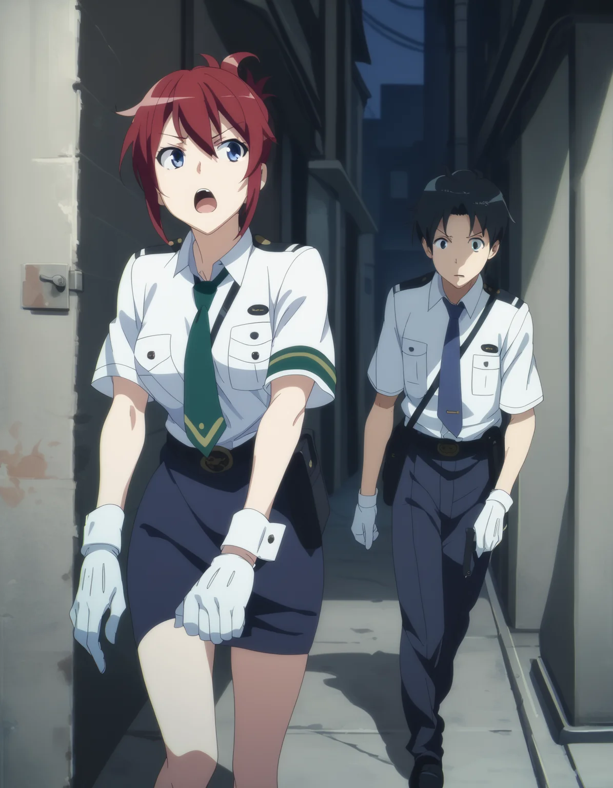 score_9, score_8_up, score_7_up, <lora:sakurai-aoi-ponyxl:0.8> sakuraiaoi, 1girl, open mouth, skirt, gloves, 1boy, green neckwear, dress shirt, arrest, hand cuffs, alley