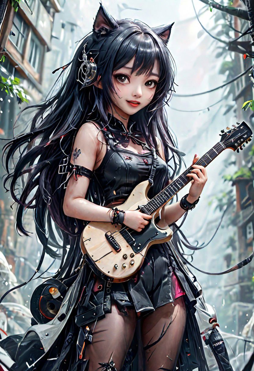 masterpiece, best quality, official art, extremely detailed CG unified 8k wallpaper, absurd, 8k resolution, exquisite facial features, perfect face, shiny skin, girl, (masterpiece), (best quality), (Super detailed), (Full body: 1.2), 1 girl, chibi, cute, smiling, open mouth, outdoors, playing guitar, music, holding guitar, scarf, bare one shoulder, gothic style, blushing ,,shirt,cherry blossoms,headwear,blush stickers,,bangs,earphones,,pink flowers,(beautiful and delicate face),(beautiful and delicate eyes),