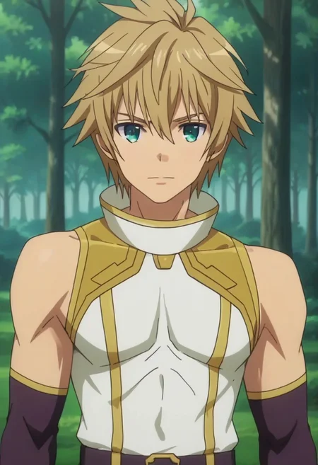 ((masterpiece)), ((best quality)), ((ultra-detailed)), score_9_up, score_8_up, score_7_up, HD, top quality, best quality, High-quality illustrations, anime screencap, perfect anatomy, 1male, 1boy, solo male, male focus, anime, anime boy, male anime character, handsome, attractive, cute, sexy, Tekken Arthur, blonde hair, blue-green eyes, sleeveless outfit with gold lines, fingerless long arm gloves, fit body, lean body, valley, valley background, forest background, easynegative, ng_deepnegative_v1_75t