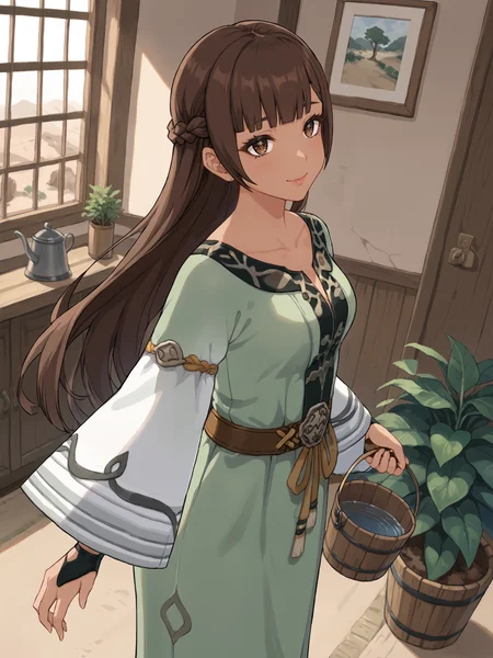 score_9, score_8_up, score_7_up, source_anime, BREAK
<lora:age_slider_v4:0>, (detailed eyes, detailed face, beautiful eyes, long eyelashes, thick eyelashes:1.5), desert town, indoors, bedroom, watering pot plants:1.5), (holding wooden bucket with both hands:1), dutch angle, (from side:1.5), smiling,
 <lora:Genshin_NPC_NerminRaef_Pony_v1:0.8>, gnermin, brown hair, brown eyes, bangs, very long hair, (floating hair:1.5), (dark skin, very dark skin:1.5), green dress, long dress, long sleeves, wide sleeves, white sleeves, sandals, black footwear, black bridal gauntlets, crown braid,(wide hips:1.5), collarbone,