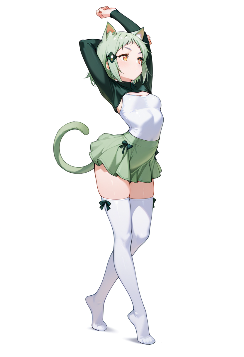 masterpiece,high quality details, absurdres, 
stretching pose, arms raised above head, one foot on tiptoe, slight back arch, elegant silhouette,  ,
 <lora:Mao_Kusagakure:0.8>
mao_cnr, 1girl, green hair, short hair,orange eyes, cat ears,cat tail,hair ornament,, x3,, simple background, white background, front view,solo,, compression shirt  ,shrug clothing,ruffled skirt, ,bow legwear thighhighs,