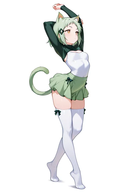 masterpiece,high quality details, absurdres,
stretching pose, arms raised above head, one foot on tiptoe, slight back arch, elegant silhouette, ,
<lora:Mao_Kusagakure:0.8>
mao_cnr, 1girl, green hair, short hair,orange eyes, cat ears,cat tail,hair ornament,, x3,, simple background, white background, front view,solo,, compression shirt ,shrug clothing,ruffled skirt, ,bow legwear thighhighs,