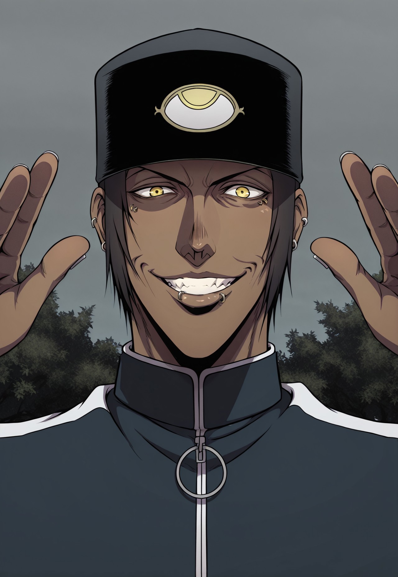 solo, masterpiece, modern, new, 1boy, male, masculine face, daddy looking face, w0lfc0nf

HellsingJan, dark-skinned male, yellow eyes, black hat, hat, piercing, jacket, headshot, looking at viewer, smiling, zoomed in, face focus