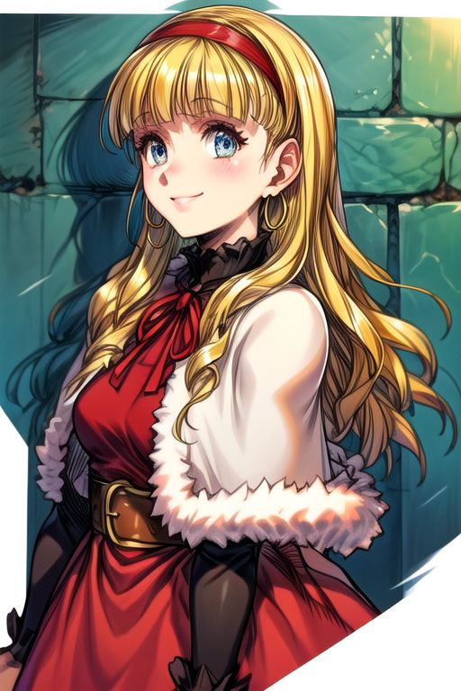 (best quality) , (highly detailed) ,masterpiece ,absurdres ,detailed face ,beautiful face ,(detailed eyes, deep eyes, anime eyes) ,1girl , solo, upper body, slight smile, small breasts
 CatherineDigimon, 1girl, solo, long hair, blonde hair, long sleeves, red dress, red hairband, blunt bangs, fur trim, redcapelet, drill hair, blue eyes, green ribbon, fur-trimmed capelet, headband, jewelry, belt, cape, hoop earrings, blue skirt, brown shoes, Cape, Smile, Happy,
