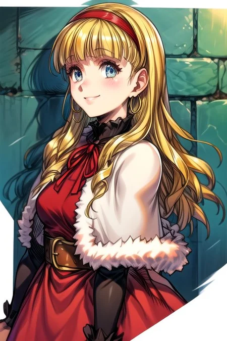 (best quality) , (highly detailed) ,masterpiece ,absurdres ,detailed face ,beautiful face ,(detailed eyes, deep eyes, anime eyes) ,1girl , solo, upper body, slight smile, small breasts
CatherineDigimon, 1girl, solo, long hair, blonde hair, long sleeves, red dress, red hairband, blunt bangs, fur trim, redcapelet, drill hair, blue eyes, green ribbon, fur-trimmed capelet, headband, jewelry, belt, cape, hoop earrings, blue skirt, brown shoes, Cape, Smile, Happy,