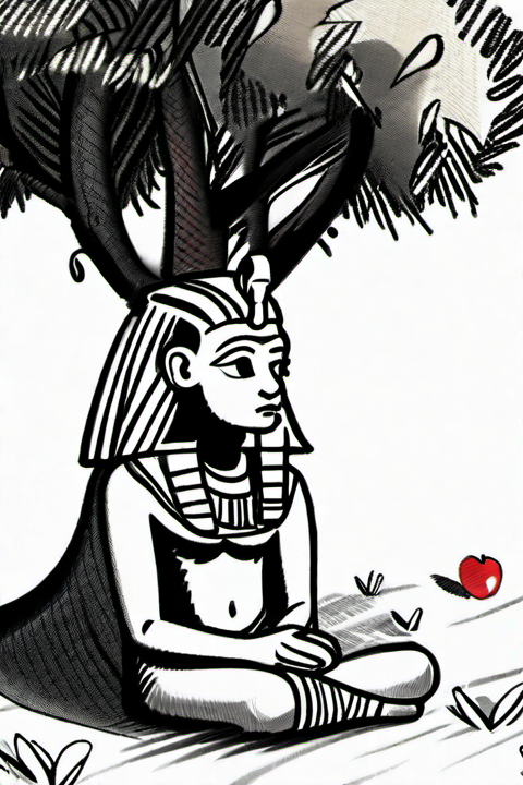 resting pharaoh, a red apple, apple tree background, motion trails, <lora:The_Simplest:1>, masterpiece, 8k, sharp, heavy shadow