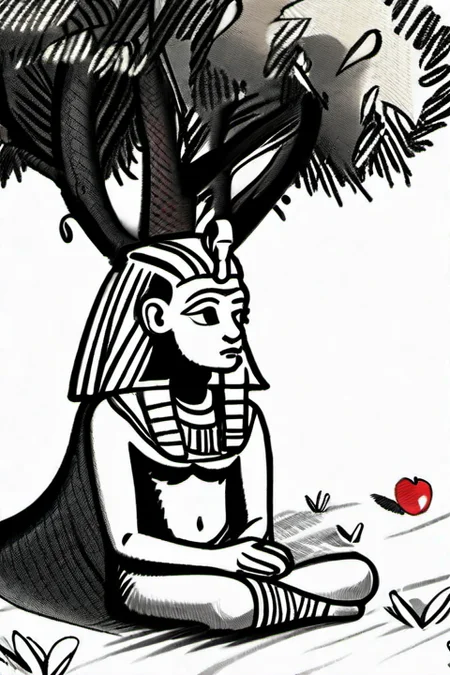 resting pharaoh, a red apple, apple tree background, motion trails, <lora:The_Simplest:1>, masterpiece, 8k, sharp, heavy shadow