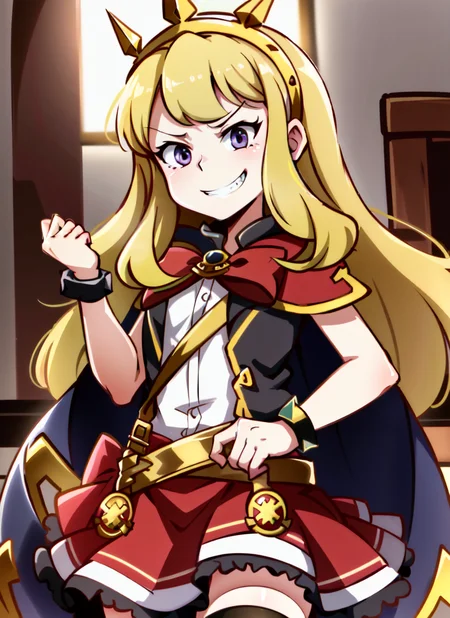 an illustration of (GBFcagliostro) standing, standing,  ((cagliostro \(granblue fantasy\), granblue fantasy, )) her tiara crown has exactly three 3 spikes,  official art,  1girl, ultra-detailed, photorealistic, highres, detailed clothing, intricate clothing, masterpiece, realism, game cg, art by Ilya Kuvshinov, highres, absurdres, best quality, detailed face, nose, beautiful face, accurate face, realistic face, cute face,  sketch, stylized, illustration, perfect face, photographic quality, photograph, cygames, realistic eyes, , (skindentation), ((ambient lighting)), (((petite))),  skinny,  cute,  ((small breasts)), ((flat chest)), skindentation, (smirk, evil grin), (perfect face, beautiful face, delicate face, soft features),  ornate and intricately detailed realistic textured clothing, 

, black thighhighs, blonde hair, bracer, (tiara, [[crown]], spiked hairband,) jewelry, long hair, purple eyes, red bow, red capelet, capelet,  red skirt, indoor, red bow, large bow, bow, white shirt, jewelry, frills, frilled dress, ribbon trim, shawl, bracelet, loose belt, brooch, vest, she wears loose belt slanted across her waist, she has various gold alchemical equipment around her waist, 

  <lora:cagliostroGranblue_10:0.85>,  < <lora:jcm2Style_v1:0.60>, zettai ryouiki,