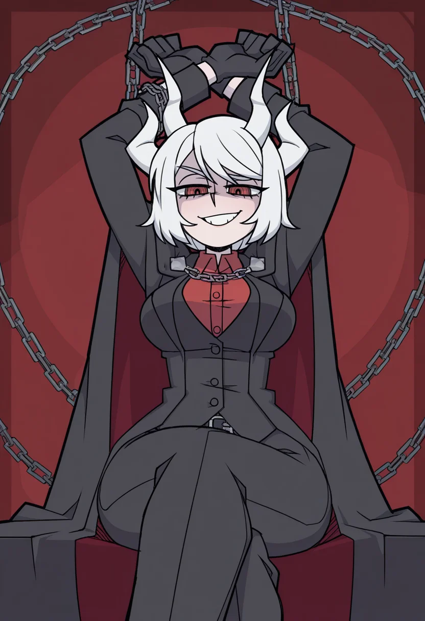 masterpiece, good quality, best quality, very awa, very as2, absurdres, highres, CCMephisto, 1girl, horns, solo, smile, short hair, demon girl, white hair, demon horns, white horns, red eyes, formal, black jacket, red shirt, black gloves, chains around arms, (2 sets of horns, 4 horns), grin, smug, dynamic pose, sitting, arms up, (afrobull:0.2), (vanripper),