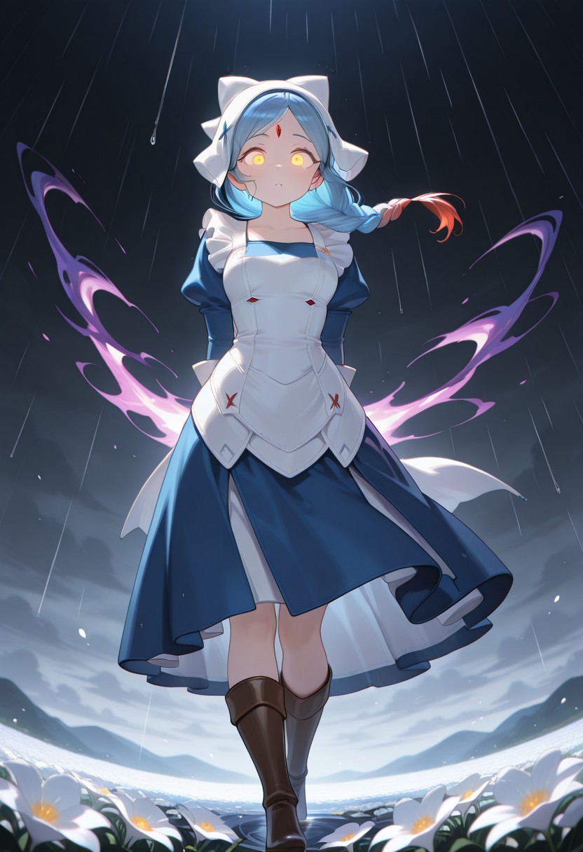 anime, masterpiece, best quality, detailed background, 8k, detailed face, beautiful eyes
mature, female focus, from below
BREAK,
LilithFEIF, long hair, braided, two-tone hair, yellow eyes, Blue Maid Costume, Apron, White Bonnet, bowtie, blue stitch, forehead crystal, brown boots, 1girl,
Purple Aura, hands behind back, walking towards viewer,  water magic, water bending, water droplets, heavy rain, dark sky, flower field, cloudy,
concerned expression
gew,glowing eyes,