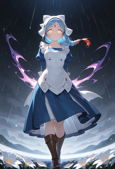 anime, masterpiece, best quality, detailed background, 8k, detailed face, beautiful eyes
mature, female focus, from below
BREAK,
LilithFEIF, long hair, braided, two-tone hair, yellow eyes, Blue Maid Costume, Apron, White Bonnet, bowtie, blue stitch, forehead crystal, brown boots, 1girl,
Purple Aura, hands behind back, walking towards viewer, water magic, water bending, water droplets, heavy rain, dark sky, flower field, cloudy,
concerned expression
gew,glowing eyes,