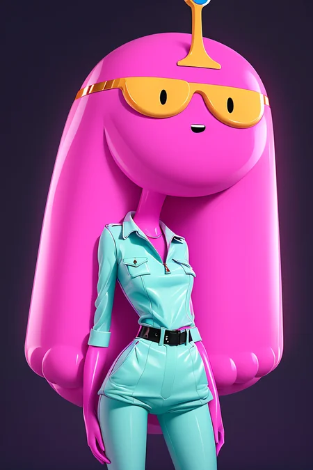 Adventure Time poster of Princess Bubblegum modeling. Award winning animation by American Apparel Ad, Playboy, and Balenciaga. Pink skin, rounded head, black eyes, noseless, long skinny limbs, long pink legs, wearing Israeli contemporary fashion. 4k masterwork, Animated series animation. <lora:bubblegum:0.9> p_bubblegum <lora:AdventureTime:0.4> <lora:princess bubblegum:0.2>