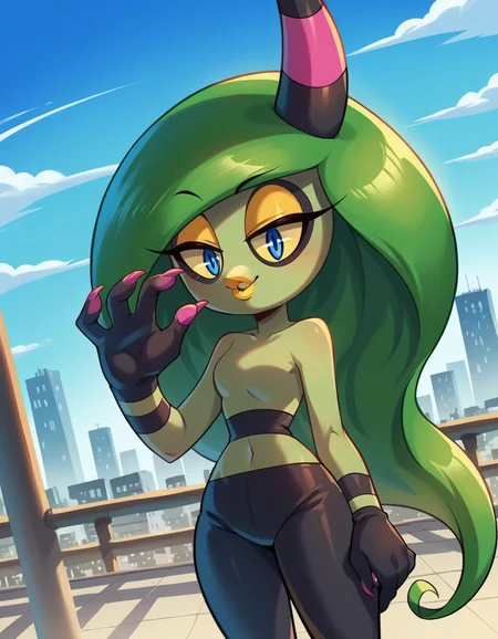 score_9, score_8_up, score_7_up, source_anime,
veena, <lora:veena-ingame-ponyxl-lora-nochekaiser:1>,
veena, long hair, blue eyes, gloves, green hair, makeup, colored skin, furry, pink nails, colored sclera, furry female, green skin, yellow sclera, black skin, yellow skin, yellow lips,
outdoors, cityscape,
looking at viewer, solo, dutch angle, cowboy shot,