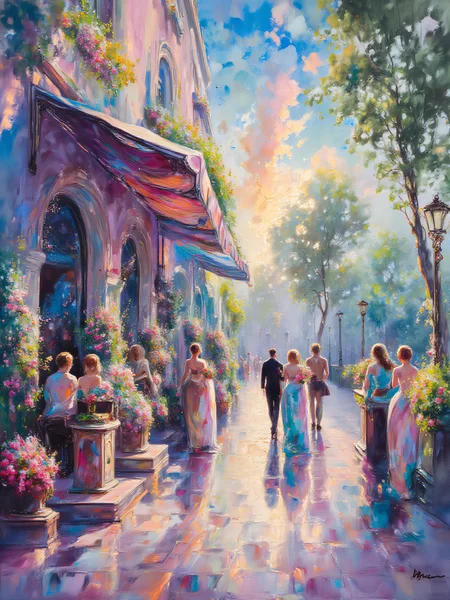 ArsMJStyle, ((Impressionism )), A lively outdoor café in Montmartre, with patrons seated at small round tables under striped awnings. Artists work at easels nearby, capturing the colorful atmosphere. Bright dresses, vivid flowers, and animated conversations blend into a vibrant tapestry of Parisian life.