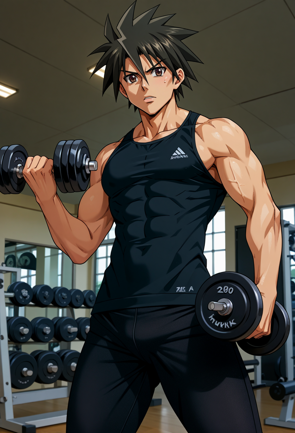 score_9, score_7_up, source_anime, BREAK <lora:AEKazuki:0.7> AEKazukiDef, brown eyes, black hair, spiked hair,  <lora:leggings_v2.6-pony:1> textured leggings, leggings, holding dumbbell,