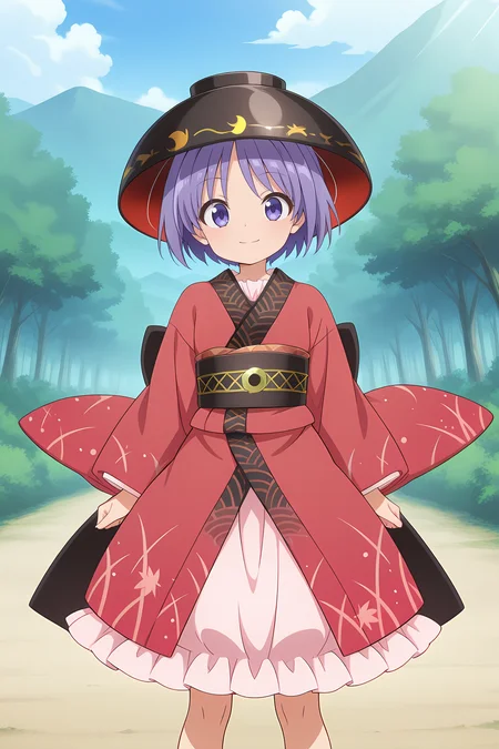 absurdres, highres, masterpiece, best quality, amazing quality, official anime artwork, screencap, anime screencap, outdoors, light smile, looking at viewer, dynamic pose,
 <lora:Shinmyoumaru-Sukuna_Illustrious:1> sukuna shinmyoumaru, 1girl, solo, blue eyes, purple eyes, blue hair, purple hair, short hair, antena hair,, bowl hat, japanese clothes, red kimono, frilled kimono, long sleeves, wide sleeves, sash, pink skirt, frilled skirt, minigirl,