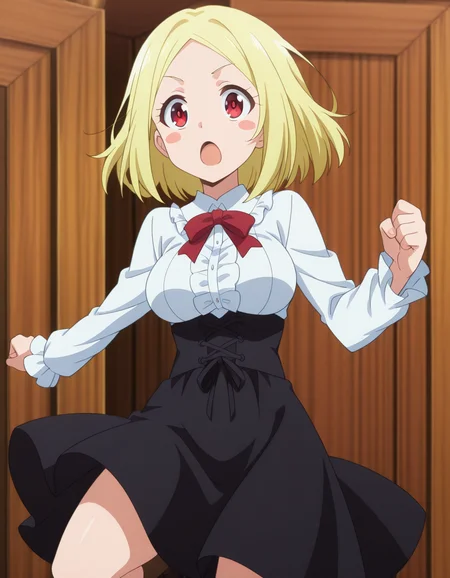 masterpiece, best quality, amazing quality,, <lora:acure-ova-illustriousxl-lora-nochekaiser:1>, acure, short hair, blonde hair, red eyes, mature female, medium breasts, anime screencap, <lora:virgin-killer-outfit-illustriousxl-lora-nochekaiser:1>, virgin killer outfit, meme attire, high-waist skirt, center frills, frilled shirt, underbust, aran sweater, frilled shirt collar, red bowtie, frills, skirt,, <lora:dynamic-pose-illustriousxl-lora-nochekaiser:1>, dynamic pose, kicking, cowboy shot, blush_stickers, open mouth, , ,
