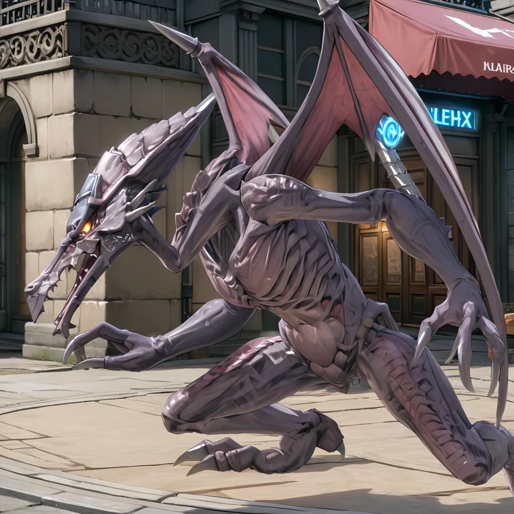 ridleymetroidxl <lora:Ridley_Metroid:.7>, action pose, realistic, wings, (anime, masterpiece, intricate:1.3), (best quality, hires textures, high detail:1.2), (4k),(incredibly detailed:1.4),UHD, 8K, ultra detailed