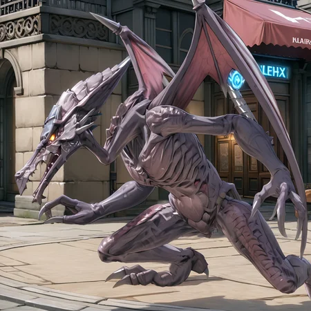 ridleymetroidxl <lora:Ridley_Metroid:.7>, action pose, realistic, wings, (anime, masterpiece, intricate:1.3), (best quality, hires textures, high detail:1.2), (4k),(incredibly detailed:1.4),UHD, 8K, ultra detailed