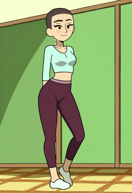 masterpiece, best quality, absurdes, 1girl, solo, rating_explicit, full body,
source_cartoon,
<lora:Kat (Craig of the Creek) (NoobAI):0.8> Kat_CotC, black eyes, freckles, very short hair, smile, black eyes,
beautiful, cute, crop top, midriff, yoga pants, indoors, smile, mature female, medium breasts,
<lora:Detailer_NoobAI_Incrs_v1:0.4> detailed,