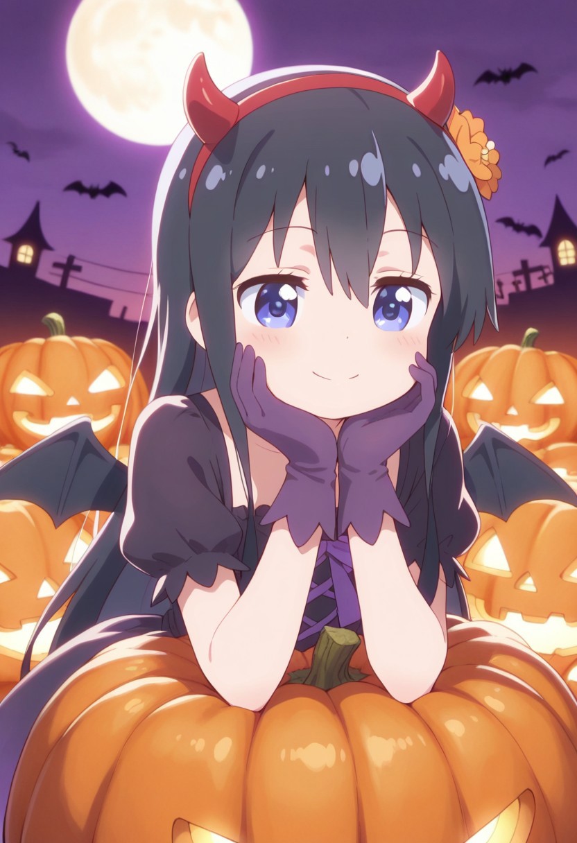 masterpiece,best quality,amazing quality, shirosaki hana, long hair, black hair, blue eyes, 1girl, solo, horns, wings, hair flower, hair ornament, flower, hairband, halloween, gloves, fake horns, smile, jack-o'-lantern, closed mouth