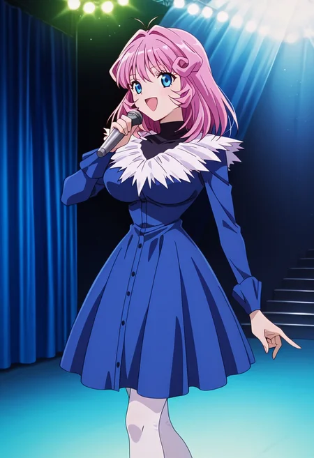 <lora:anime_screencap-IL v-pred:1>, anime screencap, anime coloring, amazing quality, very aesthetic, absurd resolution, masterpiece, 4k resolution, perfect anatomy, perfect eyes, (hand with four fingers and one thumb), BREAK 1girl, 3/4 body shot, <lora:CD11_rina_ill-05:1>, Rina_CD11, pink hair, medium hair, blue eyes, slim waist, wide hips, large breasts, perky breasts, singing, open mouth, dancing, bouncing breasts, motion lines, speed lines, looking at viewer, happy smile, joy, (<lora:blue_concert_ill-05:1>, (blue shirtdress, v-neck, white feather neckline, blue buttons, long sleeves, blue sleeves, knee-length dress, white feather hemline,), (black turtleneck, sleeveless, under dress,), white pantyhose, ), breast focus, BREAK (stage, stage lights, floor lights, blue curtains, stage curtains, pale lilac stage, short staircase, idol, no men, 1girl, solo,),