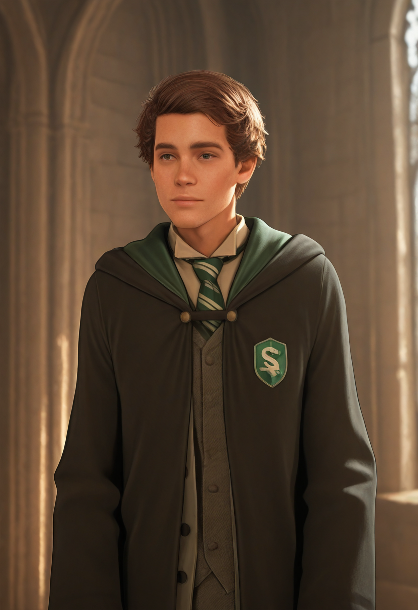 embedding:Illustrious\Positive\IllustriousQual, embedding:Illustrious\Positive\IllusP0s, 1boy, Slytherin house robe, male focus, sebsallow, short hair, solo, depth of field, finely detailed background, Hogwarts castle stone walls, depth of field, best quality, high resolution, masterpiece.