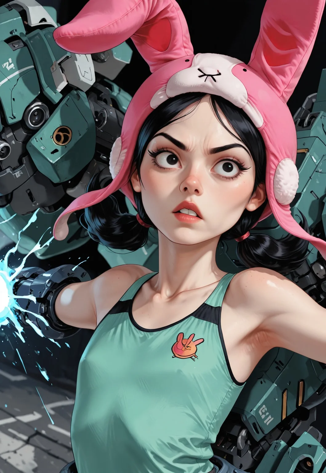 masterpiece, best quality, amazing quality, very aesthetic, absurdres, newest,
1girl, Louise_B_Shadman, medium hair, black hair, dark eyes, eyelashes, pigtails, cute, shortstack, upper body, pink hat, rabbit hat, green top, (mecha musume), dynamic, dynamic angle, ((solo)), c7ilf, parted lips, dynamic pose, fighting stance, looking at viewer, portrait, flat chest, action, dynamic action, yu2m,