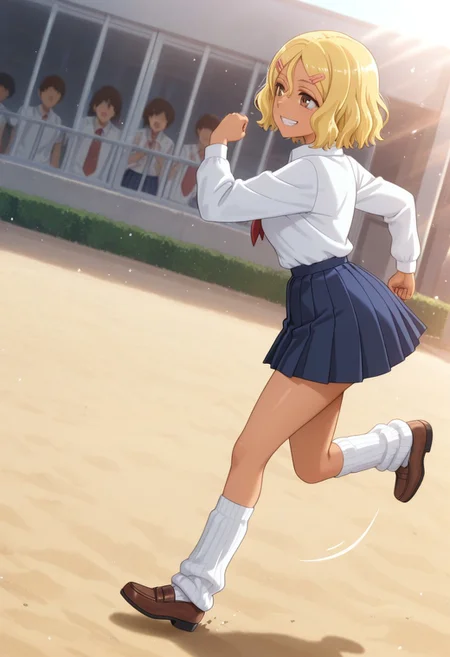 1girl, solo, masterpiece, best quality, newest, absurdres, CG, anime, source anime, illustration, very aesthetic, high resolution, ultra-detailed, newest, scenery, medium depth of field, rule of thirds, masterpiece-level, clean lines, sharp, focused subject, 
BREAK 1girl, ((solo)), Sakura_LW, anime screenshot, blonde hair, short hair, hair ornament, hairclip, dark skin, dark-skinned female, brown eyes, gyaru
skirt, school uniform, shirt, long sleeves, pleated skirt, white shirt, blue skirt, shirt_partially_tucked_in, white socks, loose socks, brown footwear
dynamic pose, running, winning pose, smiling, grin, teasing, full body
outdoors, school yard, day, sunny, busy, crowd
motion lines, from both sides, cinematic angle, various angles, detailed background, beautiful background, (rays light:1.0),(grow:1.0), light particles