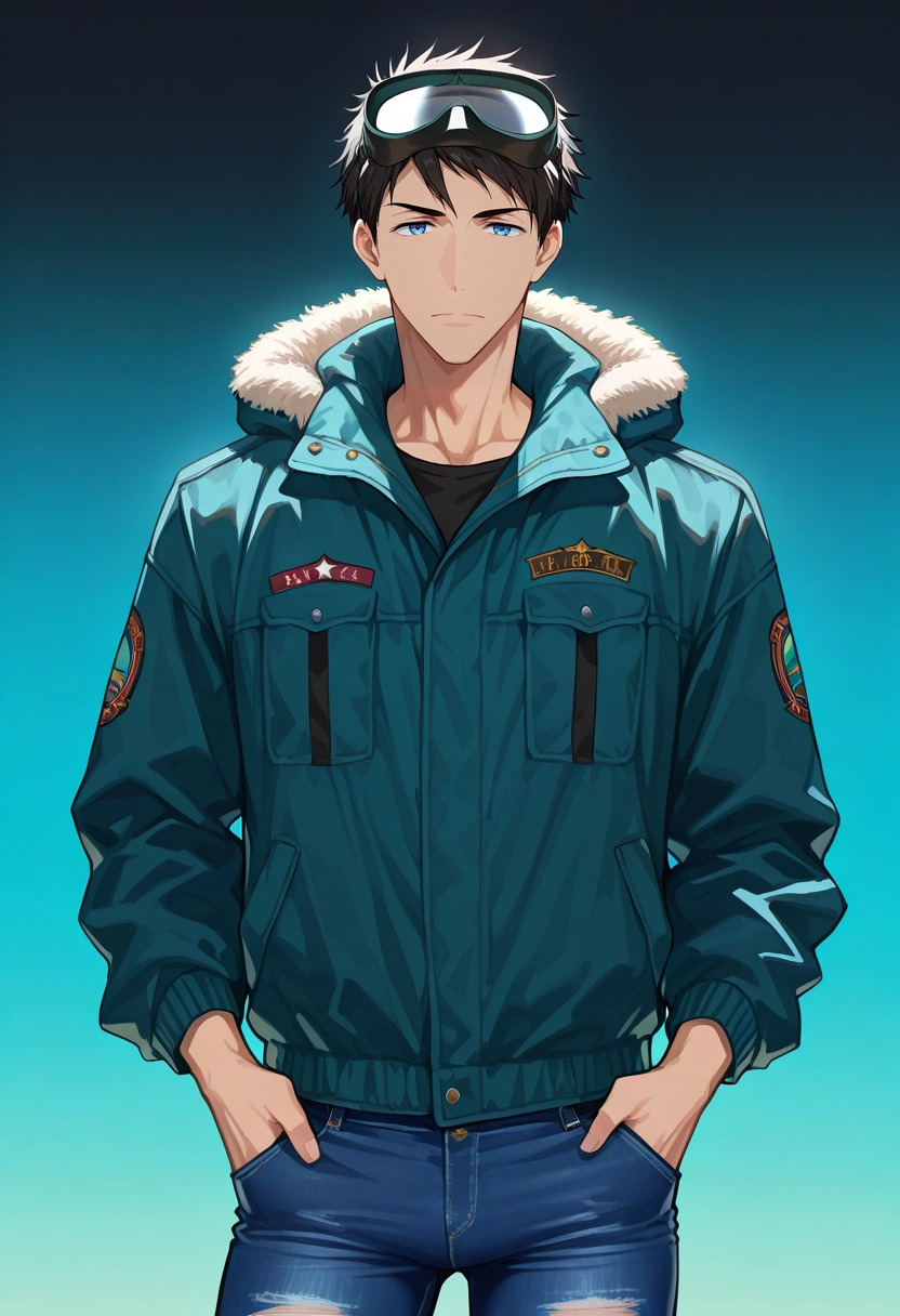 masterpiece, best quality, , , looking at viewer, 1boy, solo, male focus, <lora:sousuke_yamazaki_ilxl:0.94>, sousuke_yamazaki, black hair, blue eyes, short hair, , Motorcycle jeans, Parka, , , Diving Mask and