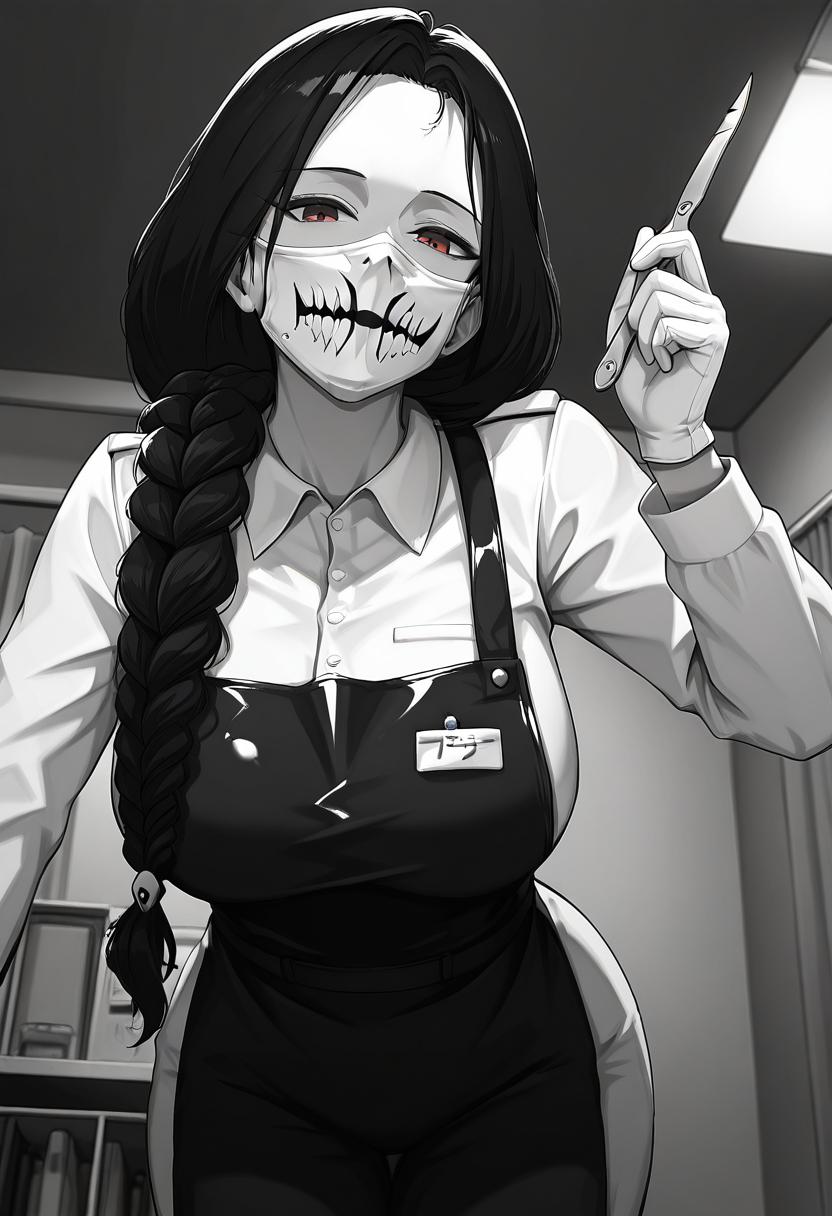 masterpiece, high quality, best quality, dramatic lighting, t4b00, 1girl, solo, monochrome, greyscale, black hair, long hair, braid, hair over shoulder, red eyes, dutch angle, looking at viewer, operating room, lamp, from below, low angle, bent over, ceiling, upper body, white face mask, white surgeon outfit, (holding scalpel:1.4), surgeon gloves, blood on mask, pov, one hand up, leather apron,