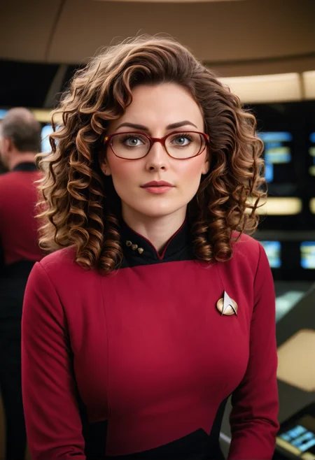 cinematic film still <lora:Style_StarTrekTNG-v17:0.8> Star Trek TNG, TV still beautiful woman, red uniform, glasses, command center, (brown curly hair), <lora:Char_zed-Sharley-SDXL:0.9> . shallow depth of field, vignette, highly detailed, high budget, bokeh, cinemascope, moody, epic, gorgeous, film grain, grainy