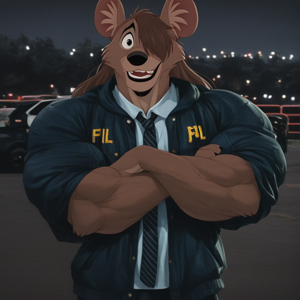 score_9, score_8_up, score_7_up, score_6_up, score_5_up, score_4_up, solo, 1 boy, FBI-Yena, Hyaenidae, Disney, Cartoon Character, Anthro Hyena, African Wild Dog, Furry Male, Tan fur, animal ears, black nose, black eyes, furry ears, real clothes, FBI Jacket, live-action clothes, ((long hair, brown hair, hair covering one eye, black lipstick,  hyper muscles))