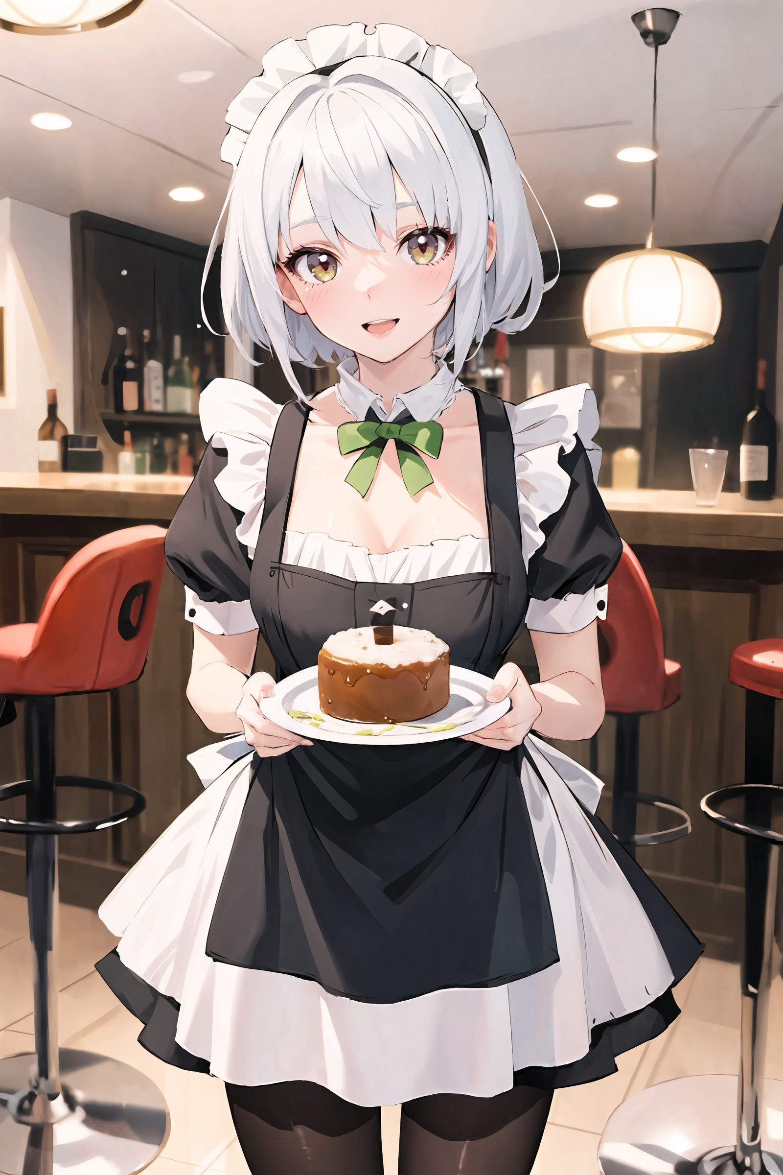 1girl, anby demara, solo, maid, maid headdress, maid apron, smile, embarrassed, pantyhose, open mouth, blush, smile, holding plate, looking at viewer, cowboy shot, bar \(place\), indoors, depth of field