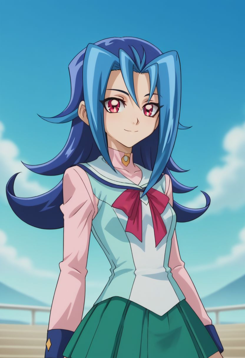 score_9, score_8_up, score_7_up, source_anime, highly detailed, 
rio, solo, 1girl, thighhighs, blue hair, long hair, multicolored hair, black thighhighs, flipped hair, style parody, smile, skirt, two-tone hair, looking at viewer, pink eyes, red eyes, long sleeves, upper body,
outdoor,