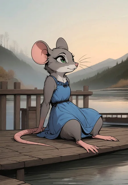 score_9, score_8_up, score_7_up, score_6_up, score_5_up, score_4_up, solo, (fluffy:0.8), (feral:1.2), cute, outdoors, (furry), (((mouse))), female, green eyes, grey fur, grey ears, claws, (fluffy cheeks:0.4), (short blue dress), in the style of beatrix potter, flat color, (sitting, leaning back:1.5), dock, pier, wharf, lake, low angle view, contemplative expression, (side view)