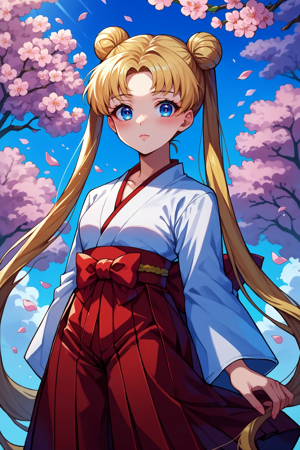 score_9, score_8_up, score_7_up, score_6_up, source_anime, 1girl, solo, <lora:sailormoon-pdxl-nvwls-v1_1-000005:1> slrmn, twintails, double bun, blonde hair, very long hair, blue eyes, parted bangs, white kimono, red hakama skirt, miko, blue sky, clouds, cherry blossoms, looking at you, blush
