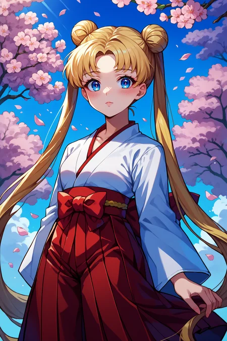 score_9, score_8_up, score_7_up, score_6_up, source_anime, 1girl, solo, <lora:sailormoon-pdxl-nvwls-v1_1-000005:1> slrmn, twintails, double bun, blonde hair, very long hair, blue eyes, parted bangs, white kimono, red hakama skirt, miko, blue sky, clouds, cherry blossoms, looking at you, blush