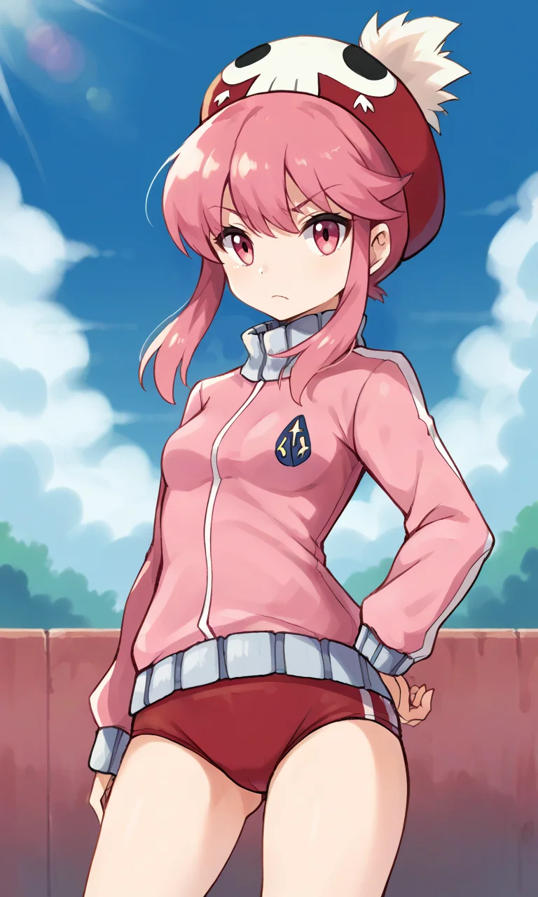 score_9, score_8_up, score_7_up, 1girl, jakuzure_nonon, pink_eyes, pink_hair, short_hair_with_long_locks, small_breasts, pink_jacket, long_sleeves, high_collar, red_buruma, beanie, red_hat, looking_at_viewer, hand_on_own_hip, arm_behind_back, frown, outdoors, sky, day,