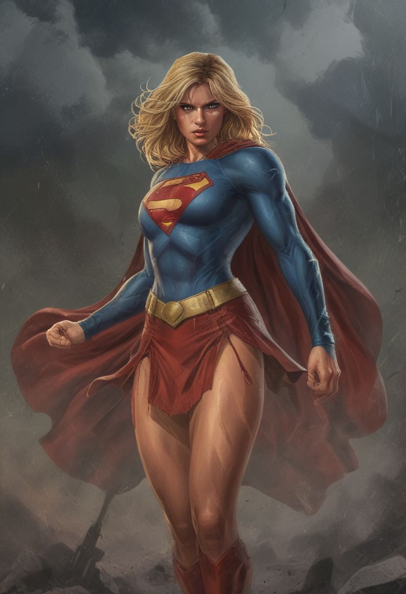 High resolution ultra-realistic of Beautiful Supergirl fighting against alien invasion, attractive body, cinematic style, capturing the intensity of the moment, dc comics, dramatic lighting, standing on a bloody and stormy battlefield in a fighting pose, fire, realistic combat costume, red mini skirt, perfect athletic figure, handsome dirty bloody face, wavy blonde hair, superheroine charming, beautiful perfect detailed pupils, wet oily shiny skin, beautiful firm Breasts, defiant and seductive, sexy 20 year old girl, 8k resolution concept art portrait by Greg Rutkowski