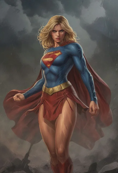 High resolution ultra-realistic of Beautiful Supergirl fighting against alien invasion, attractive body, cinematic style, capturing the intensity of the moment, dc comics, dramatic lighting, standing on a bloody and stormy battlefield in a fighting pose, fire, realistic combat costume, red mini skirt, perfect athletic figure, handsome dirty bloody face, wavy blonde hair, superheroine charming, beautiful perfect detailed pupils, wet oily shiny skin, beautiful firm Breasts, defiant and seductive, sexy 20 year old girl, 8k resolution concept art portrait by Greg Rutkowski