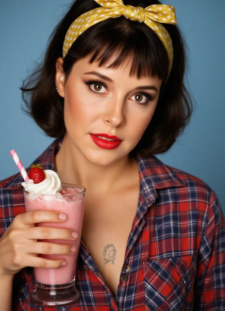 SFW, The image is a portrait of a woman with dark hair styled in a pin-up style. She is wearing a red and blue plaid shirt with a yellow polka dot headband. She has a tattoo on her chest and is holding a pink milkshake with whipped cream and a strawberry on top. The woman is also wearing red lipstick. The background is a light blue color. The overall mood of the image is vintage and edgy., aidmaimageupgrader<lora:flux\custom\celebrity\amanda-bearse.safetensors:1.0:1.0> <lora:turbo-8-step-flux.safetensors:0.5:0.5> <lora:flux\style\Common\aidmaImageUprader-FLUX-v0.3.safetensors:0.25:0.25>
