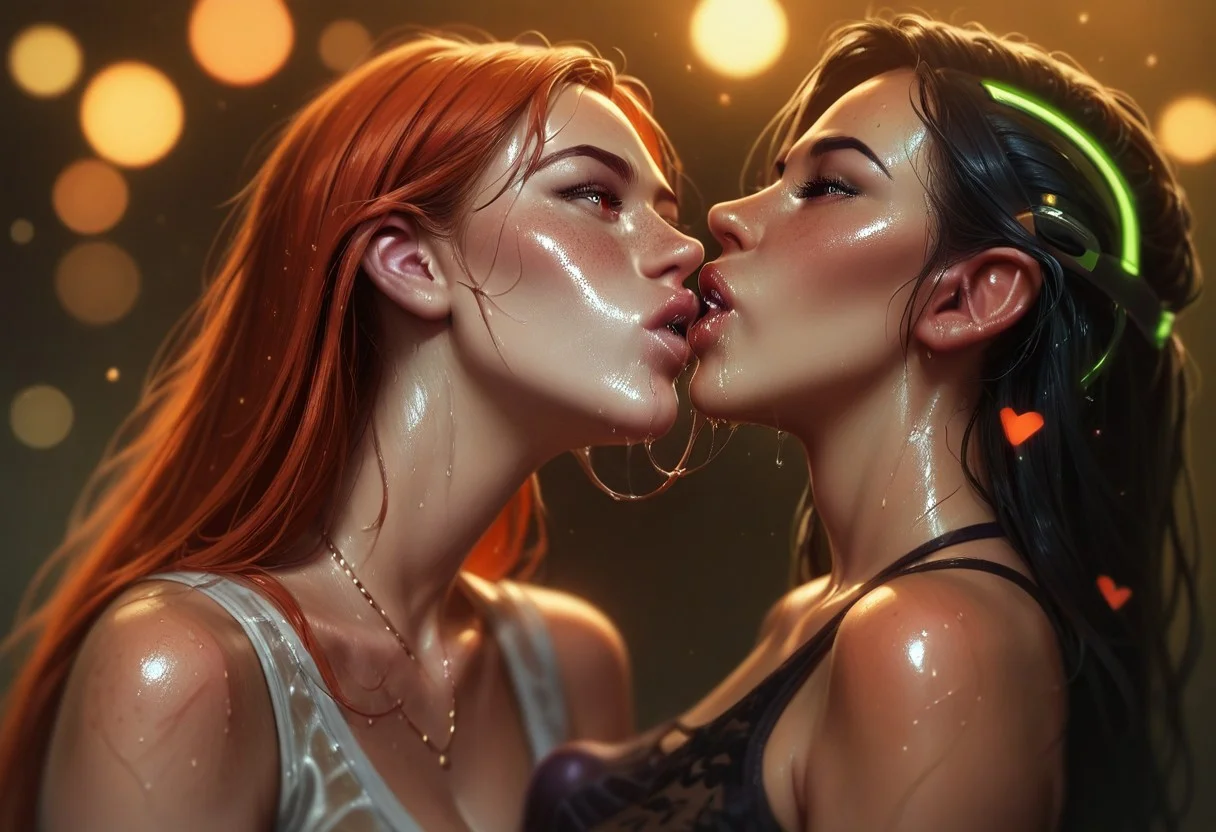 score_9, score_8_up, score_7_up, score_6_up, 1dk, (2 females French-kissing each other, drooling, Saliva_Swap:1.3 from mouth to mouth), perfect cute face, perfect wet glistening lips, (wet skin, shiny skin, sweaty skin:1.2), (hair reflections:1.2), drooling saliva allover, (glistening saliva reflections:1.6), detailed saliva strings with reflections, glistening saliva, (saliva trail, long thick strings of saliva from mouth to mouth), straight long hair, blunt bangs,  reflection in hearty neon glowing sunglasses, [cyber headset:neon glowing headphones:0.5], skimpy clothes, (2 perfect teardrop shaped breasts, (2 longnippls, pink nipples, huge nipples, large nipples, (rounded nipples:0.6), puffy areolas)), (excessive saliva, excessive spit, saliva trail, saliva on breasts, spit, bubbly saliva), snuggling, cuddling,  cold light, sound effects, dynamic angle:1.6, vivid colors, soft atmospheric light,1dk, (floating hearts:1.3), beautiful composition, rule of thirds, (bokeh:1.2, depth of field:1.4)